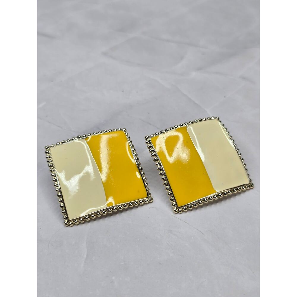 Vintage Don Lin Enameled Square Earrings Yellow Cream